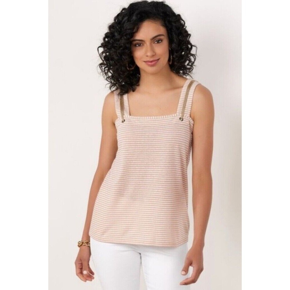 Soft Surroundings Sunseeker Rope Tank Top Small Linen Gold Metallic Stripe 2EC29